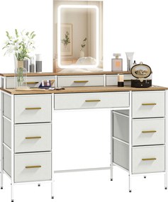 HOMCOM Masă de toaletă cu oglindă și lumini LED 3 culori, masă de machiaj 10 sertare din material textil, 118,5 x 39,5 x 140 cm natural | Aosom Romania