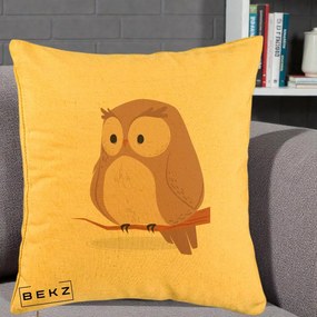 Perna Decorativa Bufnita Kawaii pe Creanga, 40x40 cm, Galben, Husa Detasabila, Perna Inclusa, BEKZ®