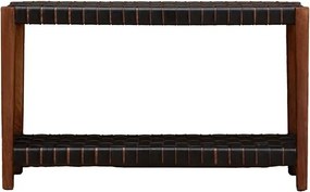 Consolă din lemn de mango și piele naturală împletită, cu 2 niveluri, maro antichizat, finisaj satinat, 130×35×78.5 cm, „Klami"