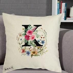 Cadou Personalizat - Perna Personalizata Monogram Litera K cu Flori Acuarela, 40x40 cm, Ecru, Husa Detasabila, Perna Inclusa, BEKZ®