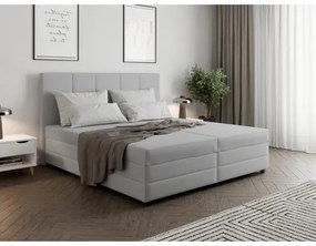 Pat tapițat ISABEL 180x200, gri deschis, cu saltea cu arcuri și spațiu de depozitare
