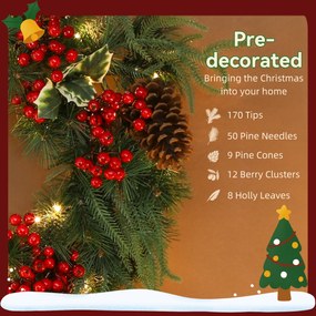 HOMCOM Ghirlandă de Crăciun de 60 cm cu Lumini LED Albe, Coroană de Crăciun cu Temporizator, 170 de Ramuri, Conuri de Pin, Boabe și Vâsc, Decor de Crăciun pentru Ușă și Fereastră, Verde | Aosom Romania