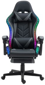 RESIGILAT- Scaun gaming, sistem iluminare bandă LED RGB, masaj în perna lombară, suport picioare, Negru/Gri