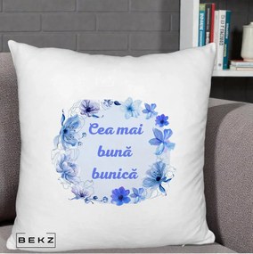 Cadou pentru Bunica - Perna Personalizata Cea Mai Buna Bunica Coronita Flori Albastre Acuarela, 40x40 cm, Alb Pufos, Husa Detasabila, Perna Inclusa, BEKZ®
