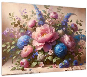 Tablou pe sticlă - Masă plină de flori (70x50 cm)