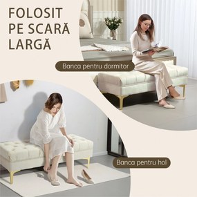 HOMCOM Bancă cu Husă Capitonată, Bancă Tapițată din Catifea cu Picioare Metalice, 118x45x42 cm, Bej | Aosom Romania