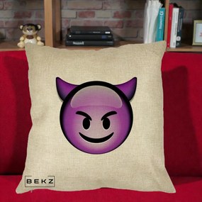 Perna Decorativa Emoji Diavol Mov, 40x40 cm, Crem, Husa Detasabila, Perna Inclusa, BEKZ®