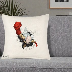 Perna Personalizata One Punch Man Saitama Pumn, 40x40 cm, Crem Reliefat, Husa Detasabila, Perna Inclusa, BEKZ®