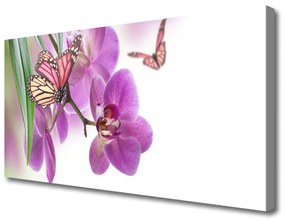 Tablou pe panza canvas Fluturi Flori Natura Galben Roz Gri