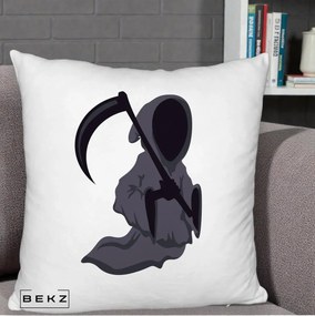 Perna Decorativa Moartea cu Coasa Grim Reaper Halloween, 40x40 cm, Alb Pufos, Husa Detasabila, Perna Inclusa, BEKZ®