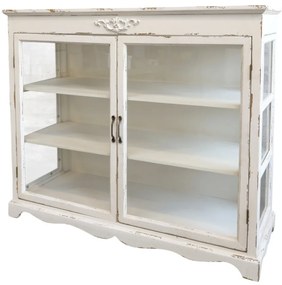 Vitrină shabby chic, alb antichizat, cu 2 polițe și uși din sticlă
