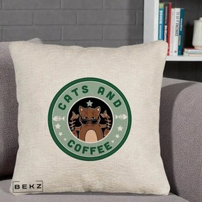 Perna Personalizata Cats and Coffee Starbucks, 40x40 cm, Bej Canapea, Husa Detasabila, Perna Inclusa, BEKZ®