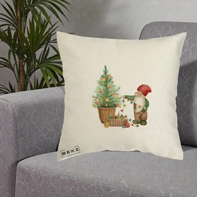Perna Decorativa Pitic de Craciun cu Brad, 40x40 cm, Ecru, Husa Detasabila, Perna Inclusa, BEKZ®
