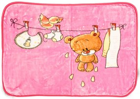 Patura roz din acril pentru copii, WET TEDDY, 80x110 cm
