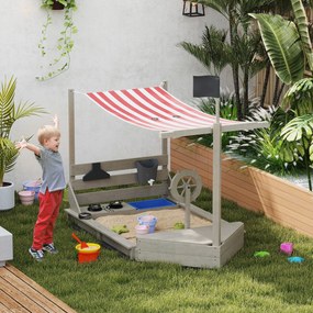 Outsunny Cutie de nisip cu parasolar Vapor pirat, inclusiv set de joc de bucătărie pentru copii, Lemn masiv, 180 x 103 x 144,5 cm, Gri | Aosom Romania