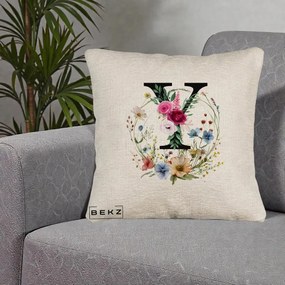 Cadou Personalizat - Perna Personalizata Monograma Florala Litera Y cu Coroana, 40x40 cm, Bej Canapea, Husa Detasabila, Perna Inclusa, BEKZ®