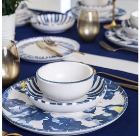 Set veselă 24 piese, alb/albastru, din ceramică stoneware