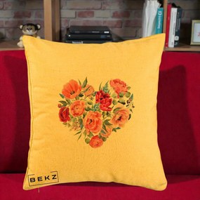 Perna Decorativa Inima din Bujori Acuarela, 40x40 cm, Galben, Husa Detasabila, Perna Inclusa, BEKZ®