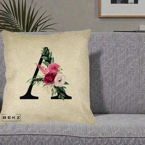Cadou Personalizat - Perna Personalizata Monograma Florala Litera A, 40x40 cm, Crem, Husa Detasabila, Perna Inclusa, BEKZ®