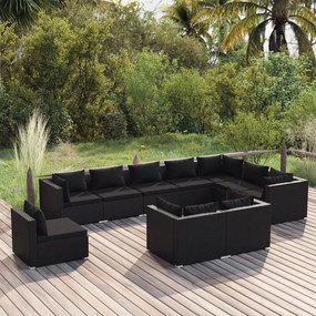 Set mobilier de gradina cu perne, 10 piese, negru, poliratan Negru, 5x colt + 5x mijloc, 1