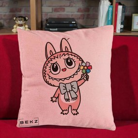Perna Personalizata Labubu Roz cu Morisca, 40x40 cm, Roz, Husa Detasabila, Perna Inclusa, BEKZ®