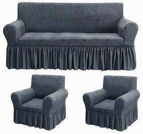 Set huse elastice pentru canapea 3 Locuri si 2 fotolii, cu volanas, model Jacquard Cenusiu in dungi