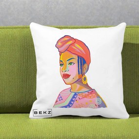 Perna Decorativa Portret Femeie Africana, 40x40 cm, Alba Mata, Husa Detasabila, Perna Inclusa, BEKZ®