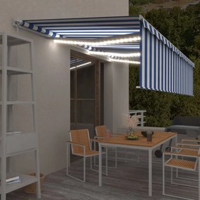 vidaXL Copertină retractabilă manual cu stor&amp;LED, albastru&amp;alb, 6x3 m