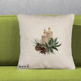 Perna Decorativa Lumanari cu Ilex si Conuri Ilustratie, 40x40 cm, Bej Canapea, Husa Detasabila, Perna Inclusa, BEKZ®