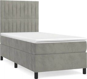 vidaXL Pat box spring cu saltea, gri deschis, 90x200 cm, catifea