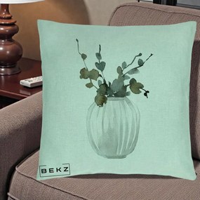 Perna Decorativa Vaza cu Eucalipt Watercolor, 40x40 cm, Verde Menta, Husa Detasabila, Perna Inclusa, BEKZ®