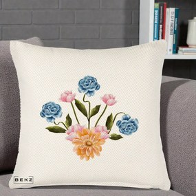 Perna Decorativa Buchet Primavara Acuarela, 40x40 cm, Crem Reliefat, Husa Detasabila, Perna Inclusa, BEKZ®