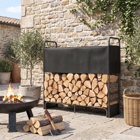Outsunny Suport pentru Lemne de Foc pentru Interior și Exterior, Oțel Galvanizat cu Husă Oxford, 132x38x118 cm, Negru | Aosom Romania