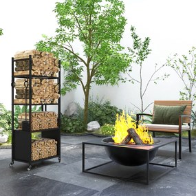Outsunny Suport pentru Lemne de Foc de Interior și Exterior cu Roți și 4 Ustensile, cu Lopățică, Vătrai, Perie și Clește, Metal, 45 x 30 x 118 cm, Negru | Aosom Romania