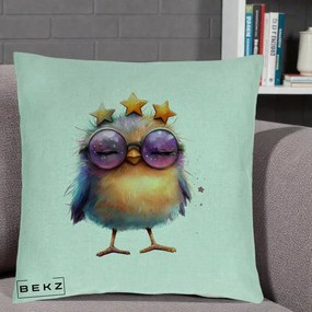 Perna Decorativa Pui Pop Star cu Ochelari Stele Violet, 40x40 cm, Verde Menta, Husa Detasabila, Perna Inclusa, BEKZ®