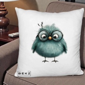 Perna Decorativa Pui Teal cu Ochelari Rotunzi, 40x40 cm, Alb Pufos, Husa Detasabila, Perna Inclusa, BEKZ®