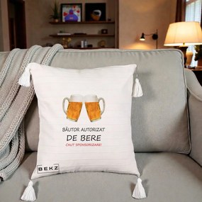 Perna Decorativa Bautor Autorizat de Bere, 40x40 cm, Bej cu Franjuri, Husa Detasabila, Perna Inclusa, BEKZ®