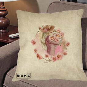 Perna Decorativa Femeie cu Flori Roz Acuarela, 40x40 cm, Crem, Husa Detasabila, Perna Inclusa, BEKZ®
