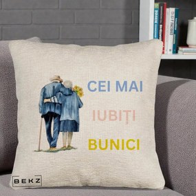 Cadou pentru Bunici - Perna Personalizata Cei Mai Iubiti Bunici Acuarela Spate, 40x40 cm, Bej Canapea, Husa Detasabila, Perna Inclusa, BEKZ®