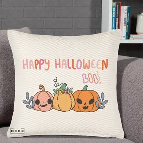 Perna Decorativa Happy Halloween Boo Trei Dovlecei Kawaii, 40x40 cm, Crem Reliefat, Husa Detasabila, Perna Inclusa, BEKZ®