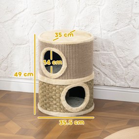 PawHut Căsuță pentru Pisici cu Stâlp de Zgâriat, Tip Turn, 2 Culcușuri, Sisal și Iarbă de Mare, Margini din Pluș, Kaki | Aosom Romania