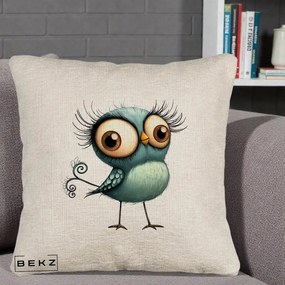Perna Decorativa Pasare Teal cu Gene si Coada Spiralata, 40x40 cm, Bej Canapea, Husa Detasabila, Perna Inclusa, BEKZ®
