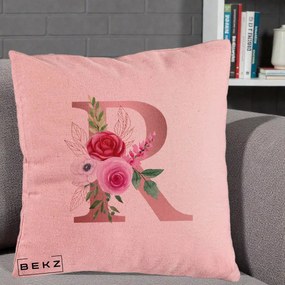 Cadou Personalizat - Perna Personalizata Monograma Rose Gold Litera R, 40x40 cm, Roz, Husa Detasabila, Perna Inclusa, BEKZ®