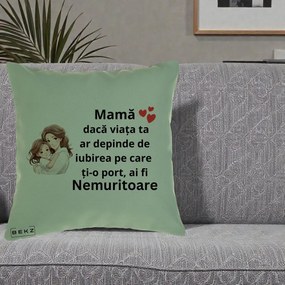 Cadou pentru Mama - Perna Personalizata Mama Nemuritoare cu Balon Inima, 40x40 cm, Verde, Husa Detasabila, Perna Inclusa, BEKZ®
