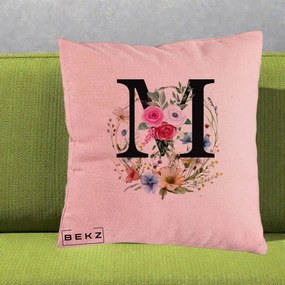 Cadou Personalizat - Perna Personalizata Monogram Litera M cu Flori Acuarela, 40x40 cm, Roz, Husa Detasabila, Perna Inclusa, BEKZ®