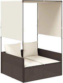 vidaXL Șezlong de plajă dublu cu acoperiș și perdele, maro, poliratan