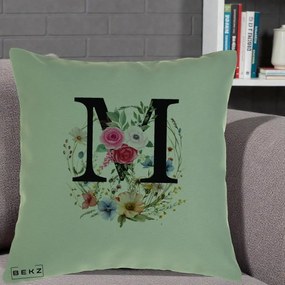 Cadou Personalizat - Perna Personalizata Monogram Litera M cu Flori Acuarela, 40x40 cm, Verde, Husa Detasabila, Perna Inclusa, BEKZ®