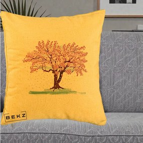 Perna Decorativa Cires Inflorit Acuarela, 40x40 cm, Galben, Husa Detasabila, Perna Inclusa, BEKZ®