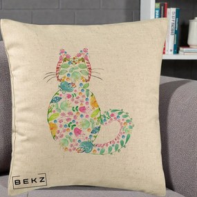 Perna Decorativa Pisica Florala Acuarela, 40x40 cm, Bej, Husa Detasabila, Perna Inclusa, BEKZ®