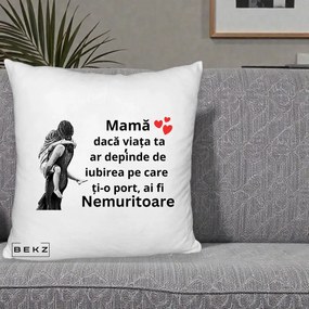 Cadou pentru Mama - Perna Personalizata Mama Nemuritoare Gravura Vintage, 40x40 cm, Alb Pufos, Husa Detasabila, Perna Inclusa, BEKZ®